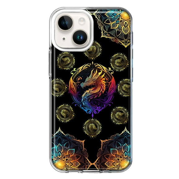 MUNDAZE Case for Apple iPhone 15 Plus Hybrid Shockproof Slim Hard Soft TPU Shell Heavy Duty Protective Phone Cover - Mandala Geometry Abstract Dragon Pattern