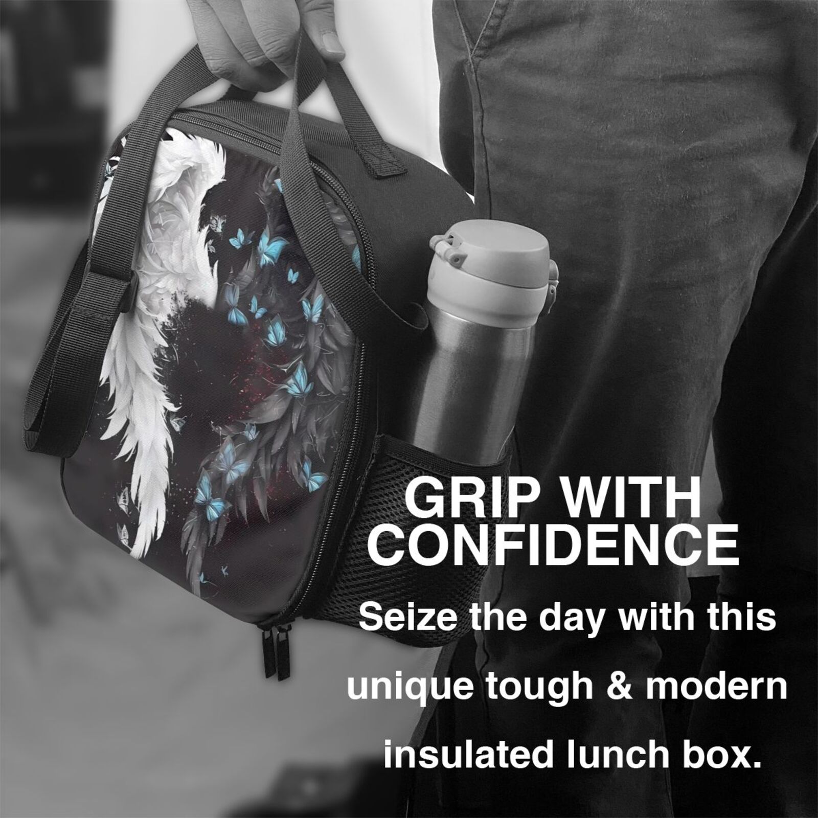 Rateoe Butterfly Angel Wings Art Lunch Bag Reusable Lunch Box with Shoulder Straps for Men Women Insulated Portable Lunchbox for adults Suitable for School Work Picnic