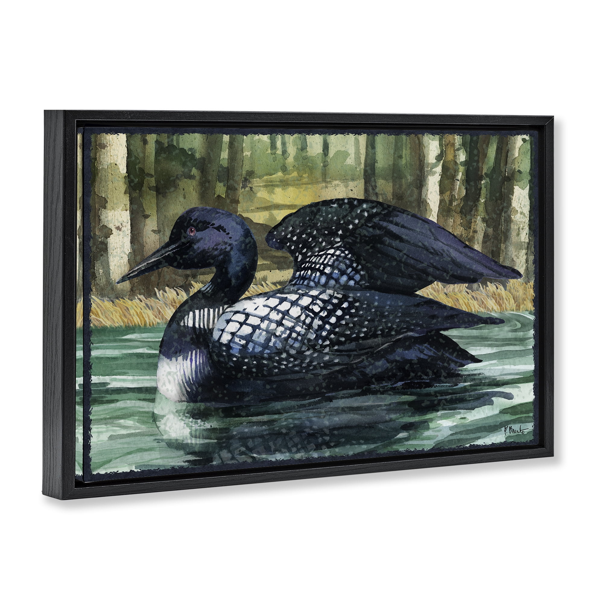 Stupell Industries Swimming Woodland Loon Animals Painting Black Floater Framed Canvas Art Print Wall Art, 25 x 17