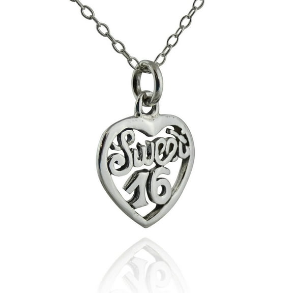 Sterling Silver Heart-shaped Sweet 16 Charm Pendant Necklace, 18" Chain