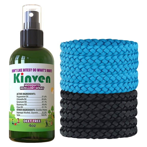 Kinven Bracelets and Spray Pack for Mosquito - 4oz Bottle + 10 Bracelets, Light Blue/Black, Great Looking and Natural, Insect Wristband & Spray, Waterproof, Indoor Outdoor Protection for Adults & Kids
