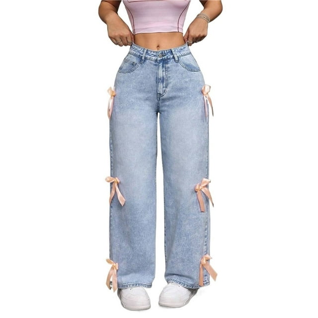 Pantalones de mezclilla de pierna recta con lazo lindo for mujer, pantalones vaqueros casuales holgados de talle alto, pantalones de moda Y2K con bolsillos