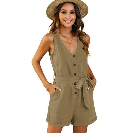 Zoeecloth Rompers for Women Solid Color Button-Up One-Piece Bodysuit Shorts V-Neck Neck Sleeveless Jumpsuits S-XXL