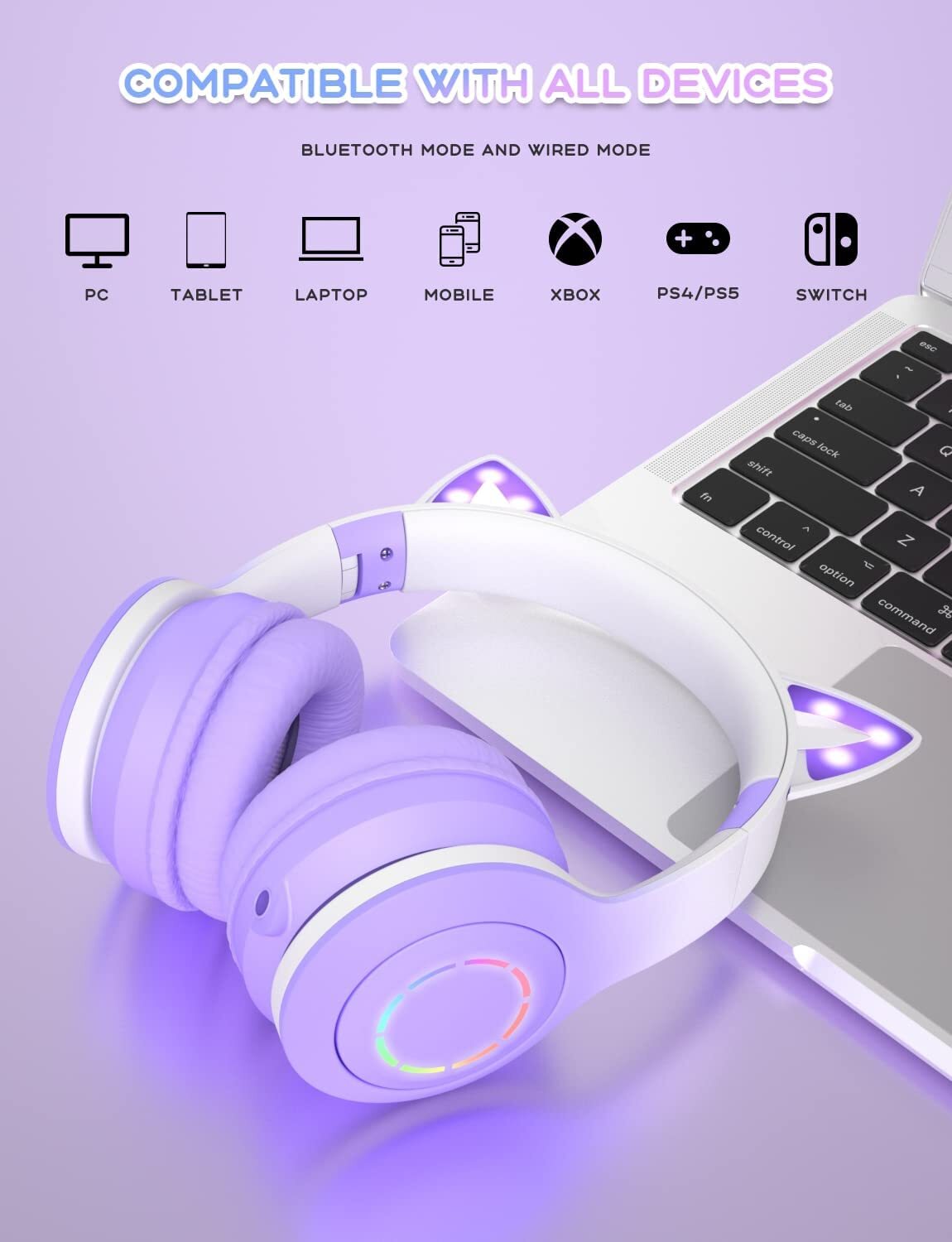 Cat Ear Kids Bluetooth Headphones for Girls for School, Foldable Wired Gaming Headset with Microphone & 3.5mm Jack, Adjustable Headband Teens Toddlers Wireless Earphones for Tablet/PC