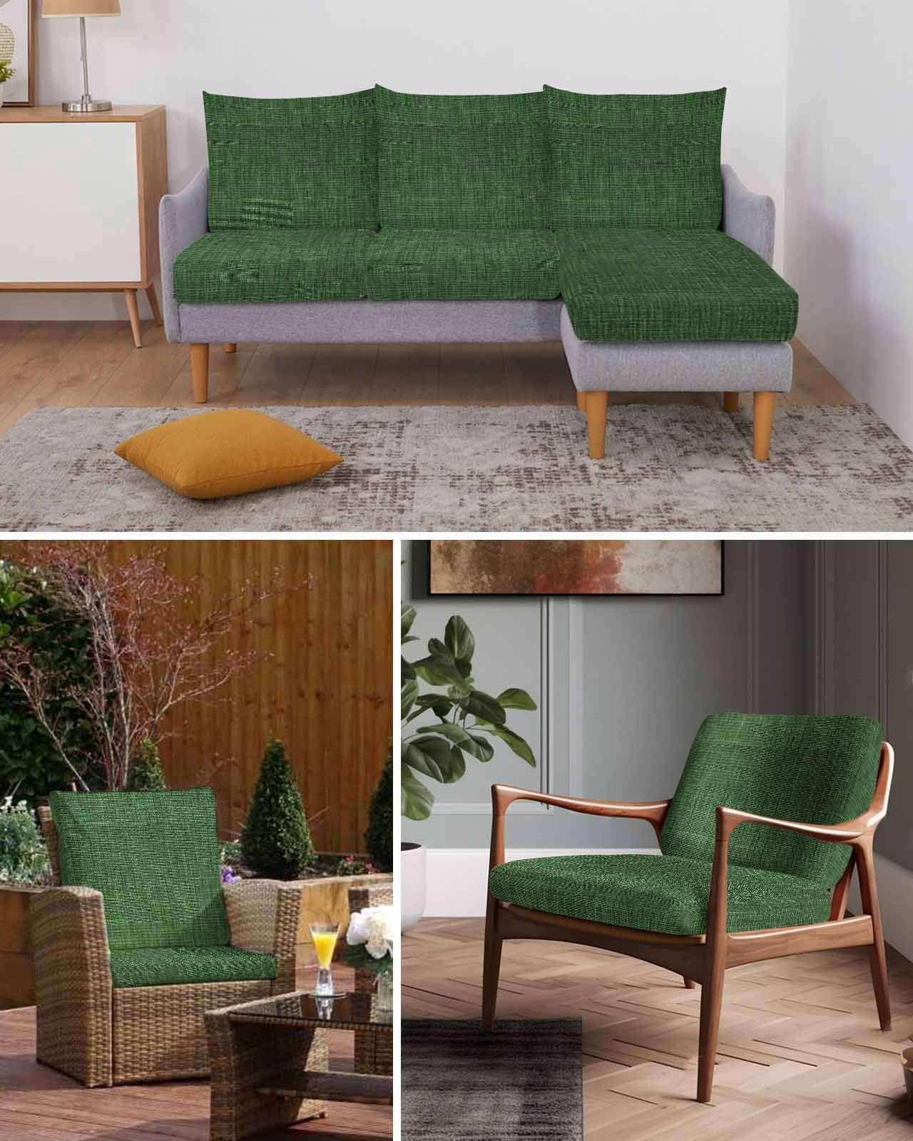 Dark Green Burlap Texture Couch Cushion Covers Stretch, Washable Sofa Seat Covers Individual Seat Cushion Sofa Slipcovers Farmhouse Vintage Green Couch Cover Furniture Protector S-3PCS