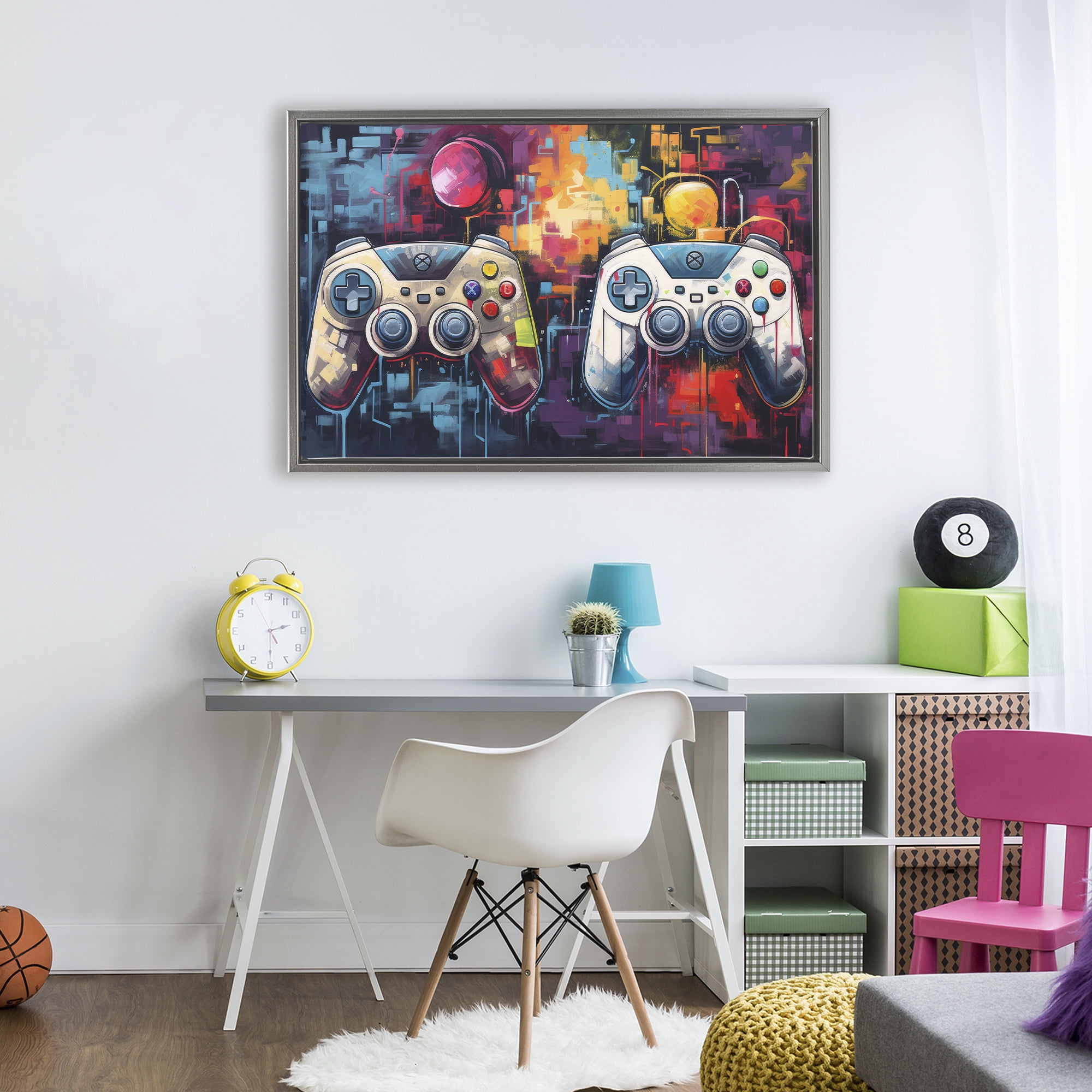 Stupell Industries Double Controller Modern Gamer Gray Framed Floater Canvas Wall Art, design by Lazar Studio