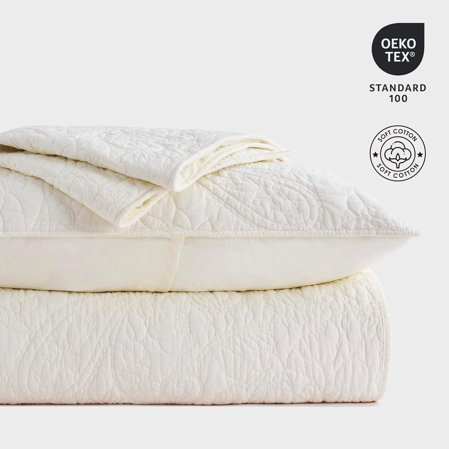 EVERGRACE 100% Cotton Paisley Quilt Set, Queen Size 3 Piece Set – Prewashed Lightweight Bedspread with 2 Shams, Soft & Breathable Matelasse Coverlet for All-Season Comfort, Ivory Cream