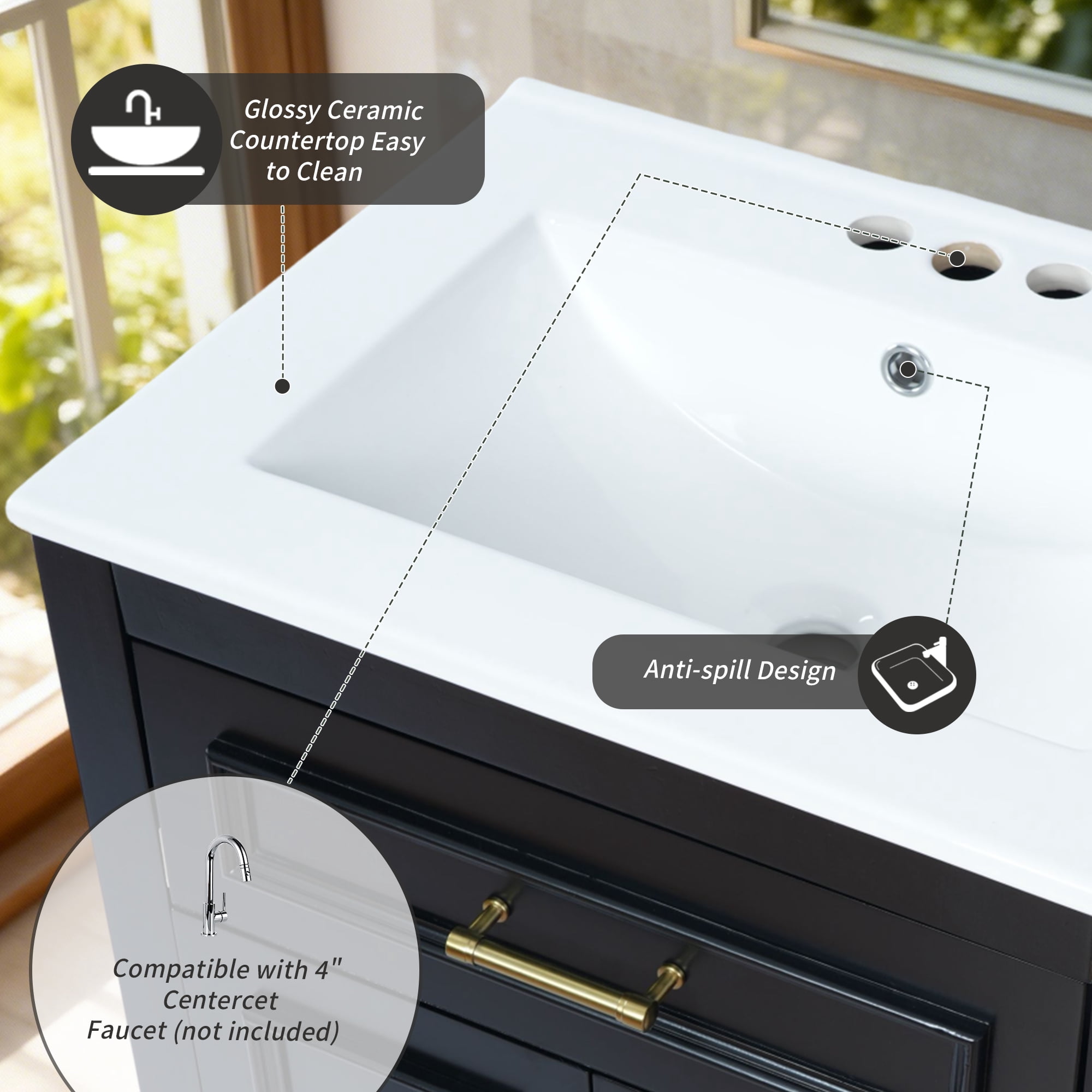 Euroco 24" Bathroom Vanity with Integrated Ceramic Sink, Bathroom Cabinet with 2 Doors, 1 Tip-Out Drawer, Single Sink Bathroom Vanity for Small and Medium Restroom, Black
