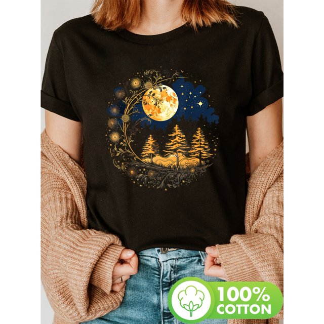 Mystic Sun And Moon Print T-Shirt, Short Sleeve Crew Neck Casual Top for Summer & Spring, Women'S Clothing
