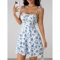 thumbnail image 4 of Blue And White Floral Print Spaghetti Strap Mini Dress For Women, 4 of 8