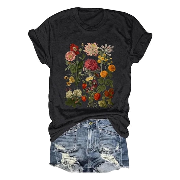 LUOGENLI Female T-shirts for Womens Women's Round Neck Fashionable Casual Flower Print Top Short Sleeved T Shirt Womens T-shirts Graphic Tees Vintage Valentines Black S