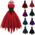 thumbnail image 2 of qolati Women's Sleeveless Gothic Dresses 2023 Corset Halter Floral Lace Cocktail Smocked Swing Dress Vintage Mesh Pleated Party Punk Dress, 2 of 5