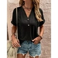 thumbnail image 3 of Women Button V Neck T Shirts Rolled Short Sleeve Casual Summer Tops Tee Shirts, 3 of 6