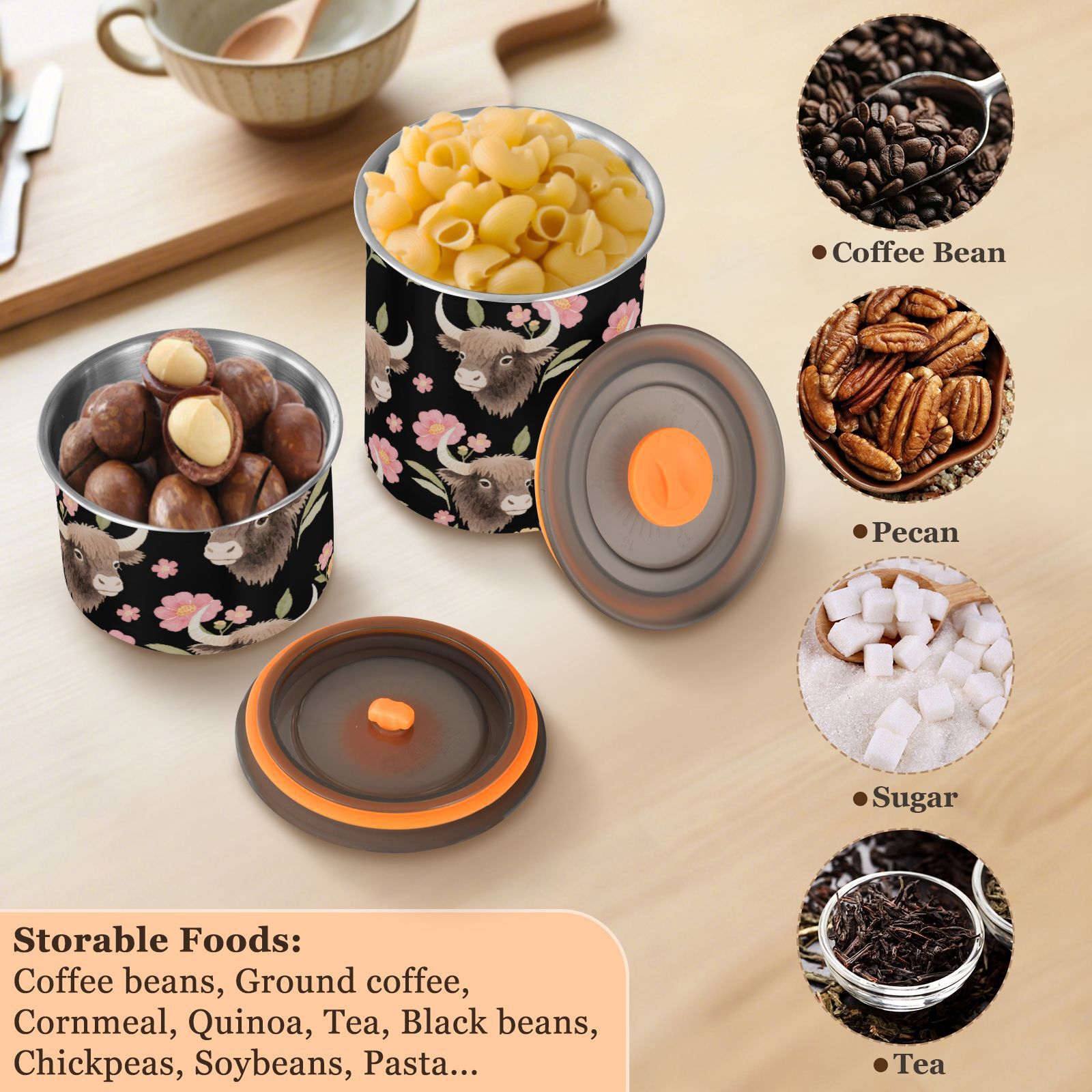 Cute Yak Flowers Airtight Coffee Bean Canister 30oz Food Storage Containers with Lids For Gournd, Tea, Sugar, Flour, Rice, Cereal, Candy Cookie Jar