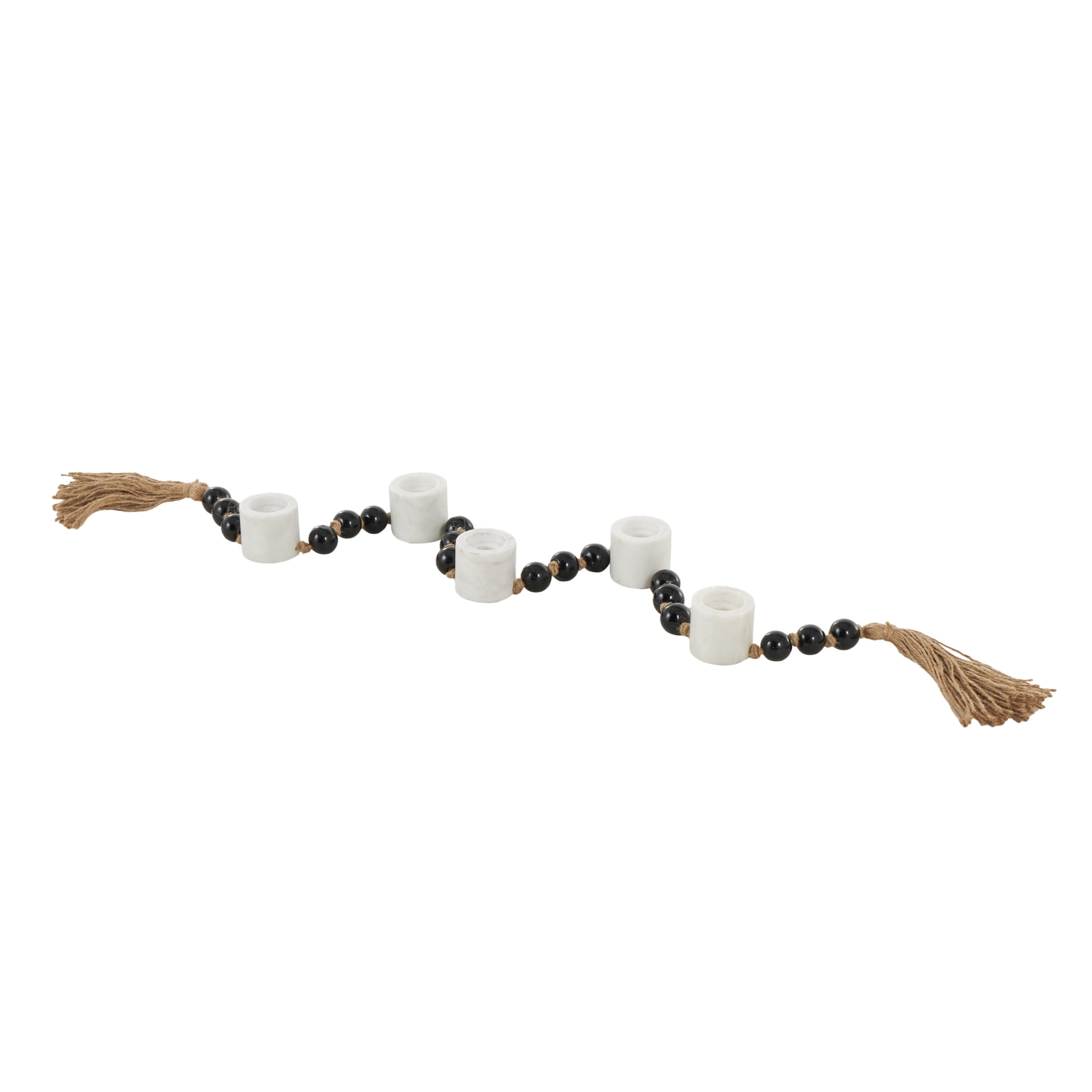 DecMode 5 Candle White Marble Round Garland Candle Holder with Brown Tassel and Black Beads