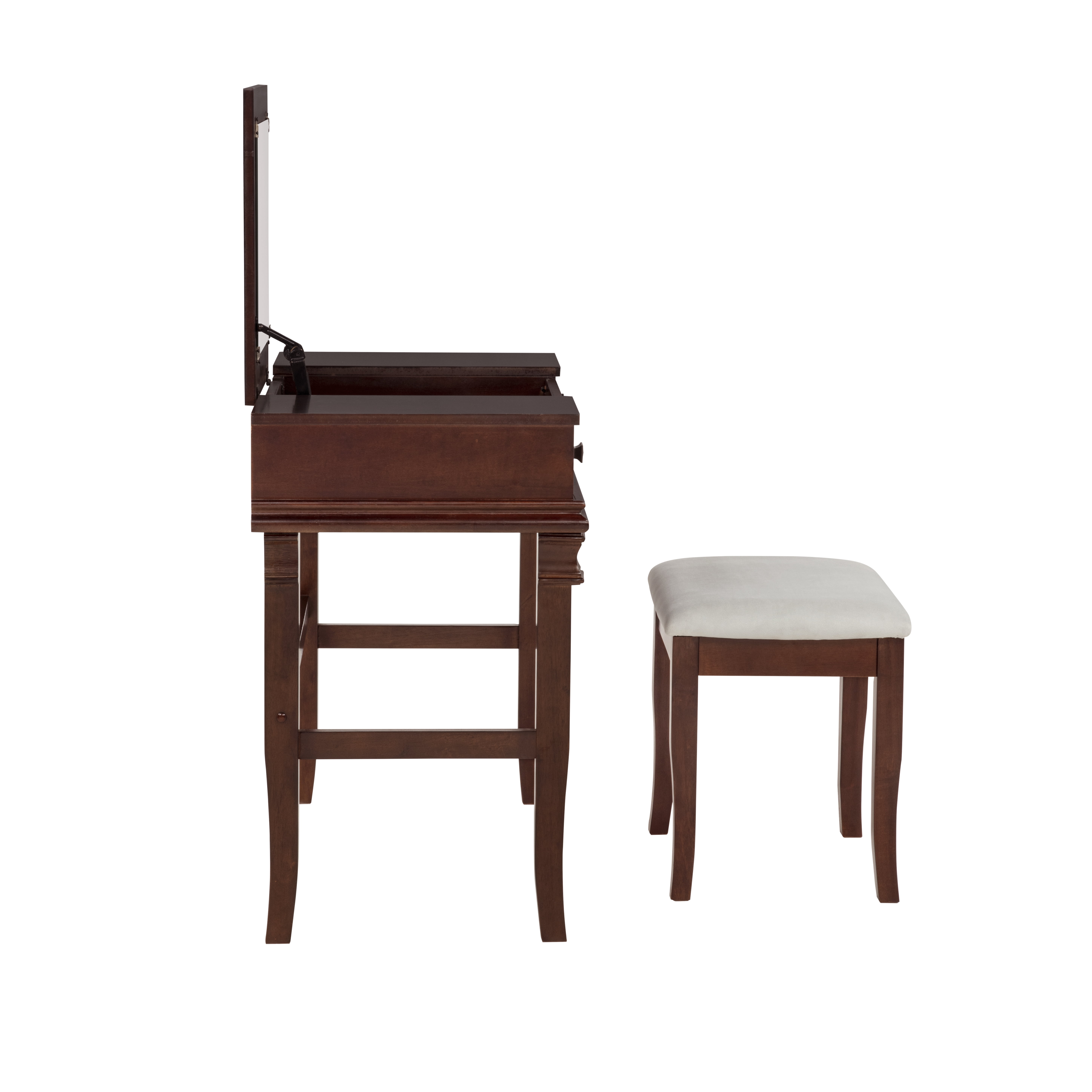Linon Morton 2-Piece Vanity Set with Flip-Top Mirror and Upholstered Stool, Walnut/Beige