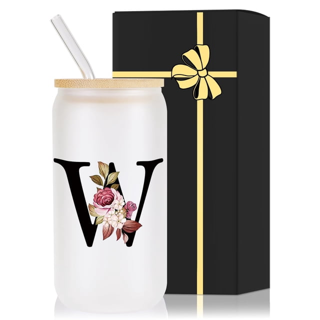 Vaso de vidrio Wulcea con monograma, 480 ml, con tapa y pajita