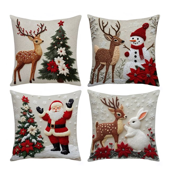 Funda de cojín navideña de 18 x 18 pulgadas con renos de Papá Noel y cremallera oculta, funda de cojín con árbol y muñeco de nieve