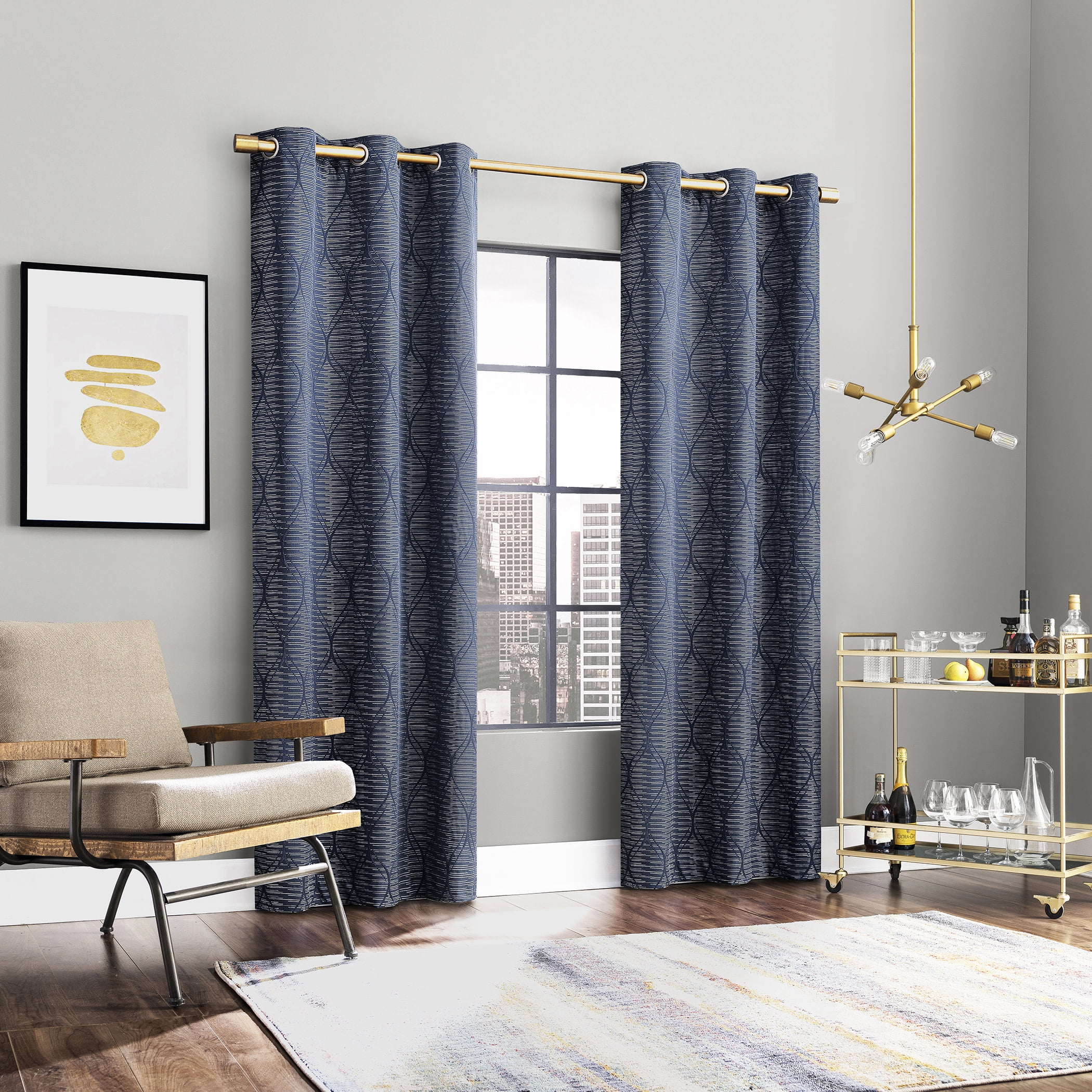 Sun Zero Alaster Geometric Ogee 100% Blackout Grommet Curtain Panel, 40"x84", Navy