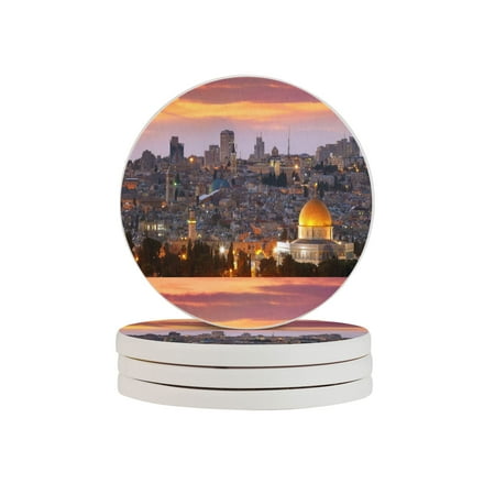

Circular Drink Coasters Set City Center Israel Twilight View Beautiful Home Decor Diatomite Heat-Resistant Diatomite Protect Table Countertop