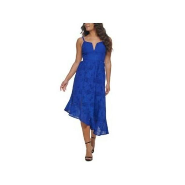 GUESS Womens Blue Eyelet Zippered Padded Bust Lined Asymmetric Hem Spaghetti Strap Split Tea Length Fit Flare Dress 10 Walmart