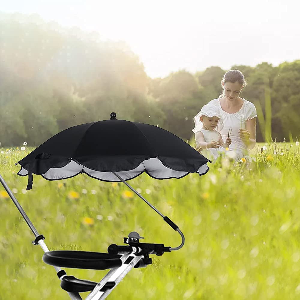 360 Degree Adjustable UV Protection Stroller Sun Shade Bike Universal Umbrella with Clamp Beach Chair Wheelchair Waterproof Umbrella for Trolley Baby Stroller Parasol 