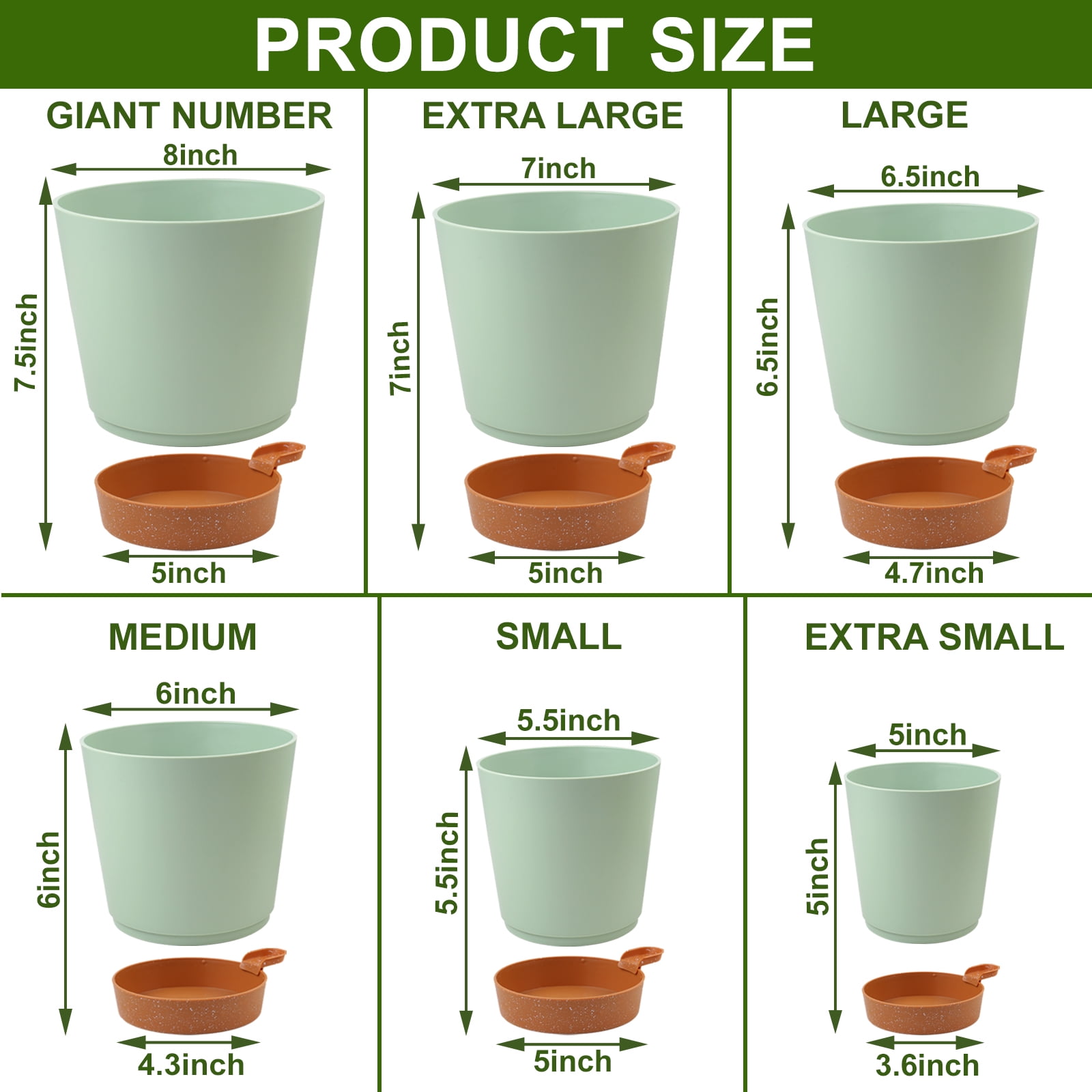 Guirnd Indoor Self Watering Planters with Drainage Holes and Saucers,8,7,6.5,6,5.5,5 inches, 6 Pots