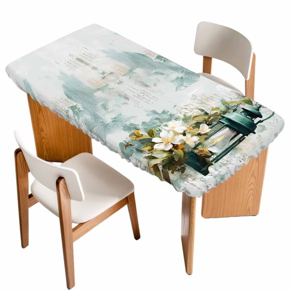 Vintage Oil Light Table Cloths for 4 Foot Rectangle Tables, Spring Flowers Leaves Candles Country Patio Waterproof Elastic Fitted Tablecloths, Washable Rectangular Table Cover for Camping