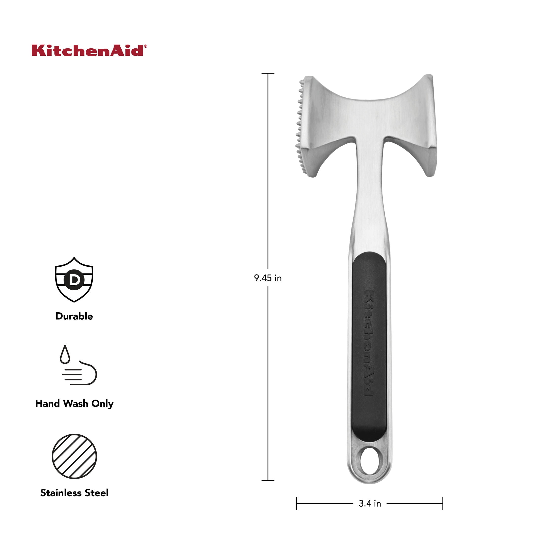 KitchenAid Cast Aluminum Meat Tenderizer Tool Dual-Sided Kitchen Mallet, Black