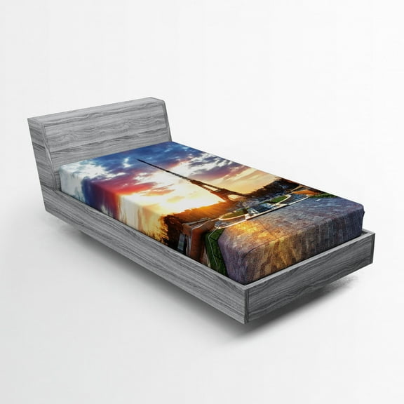 Ambesonne Eiffel Tower Fitted Sheet, Sunrise Scenery, Twin Size, Navy Yellow Green