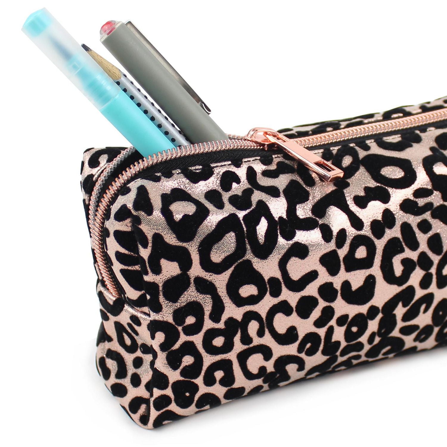 Pen + Gear Flock Leopard Print Pencil Pouch in Black on Metallic Rose Gold