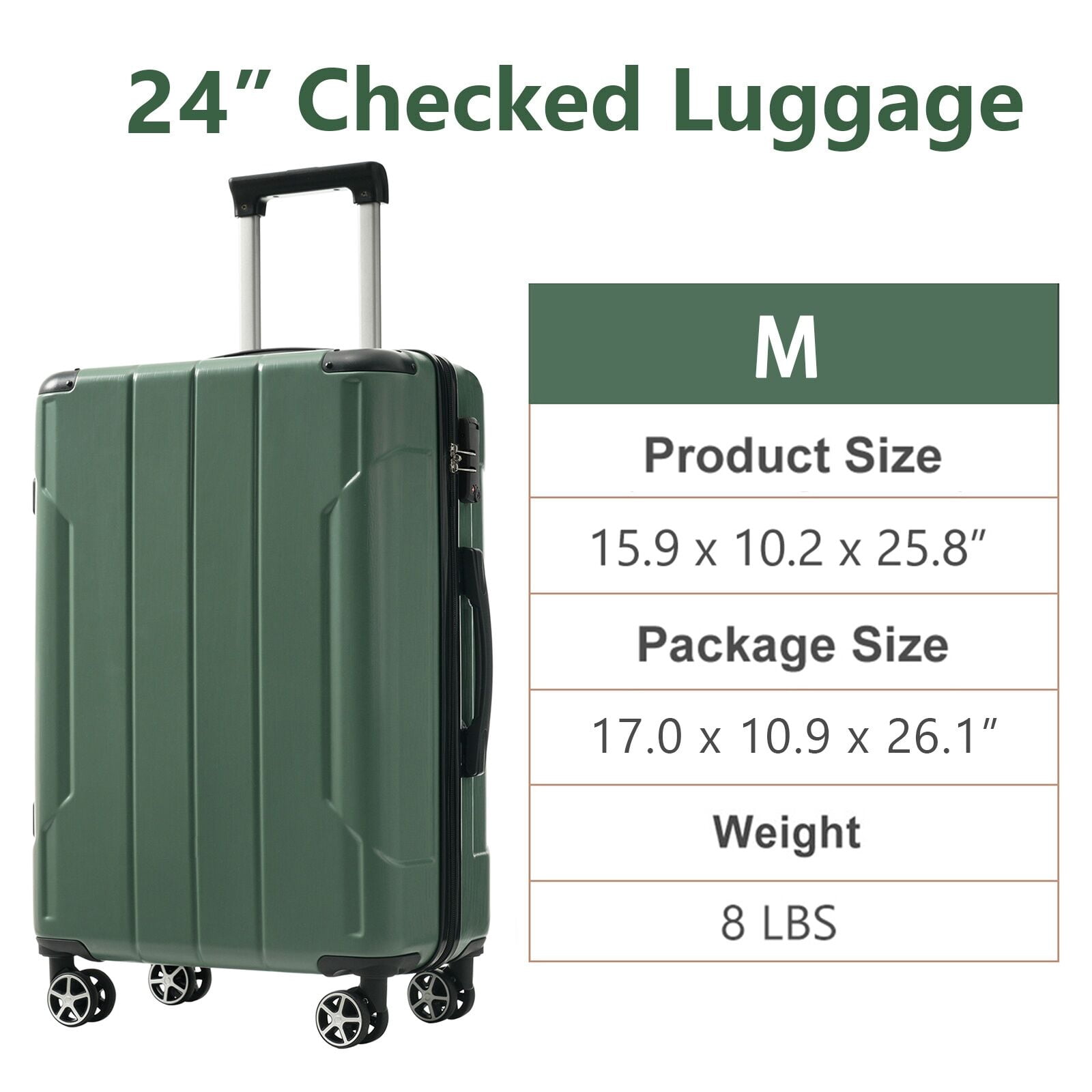 Hardside Suitcase, Hardshell Luggage, Lightweight Durable ABS Suitcases with Double Wheels, Expandable 24-inch Checked Luggage 24" (Green), Green Hardside Luggage,Abs Hardside Checked Luggage