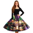 thumbnail image 3 of Fgvctg Mardi Gras Dress Party for Women Carnival Square Neck Cocktail Dress Glitter Mask Print Trendy 50s Tea Dress Vintage Long Sleeve A-Line Parade Outfit Gold S, 3 of 4