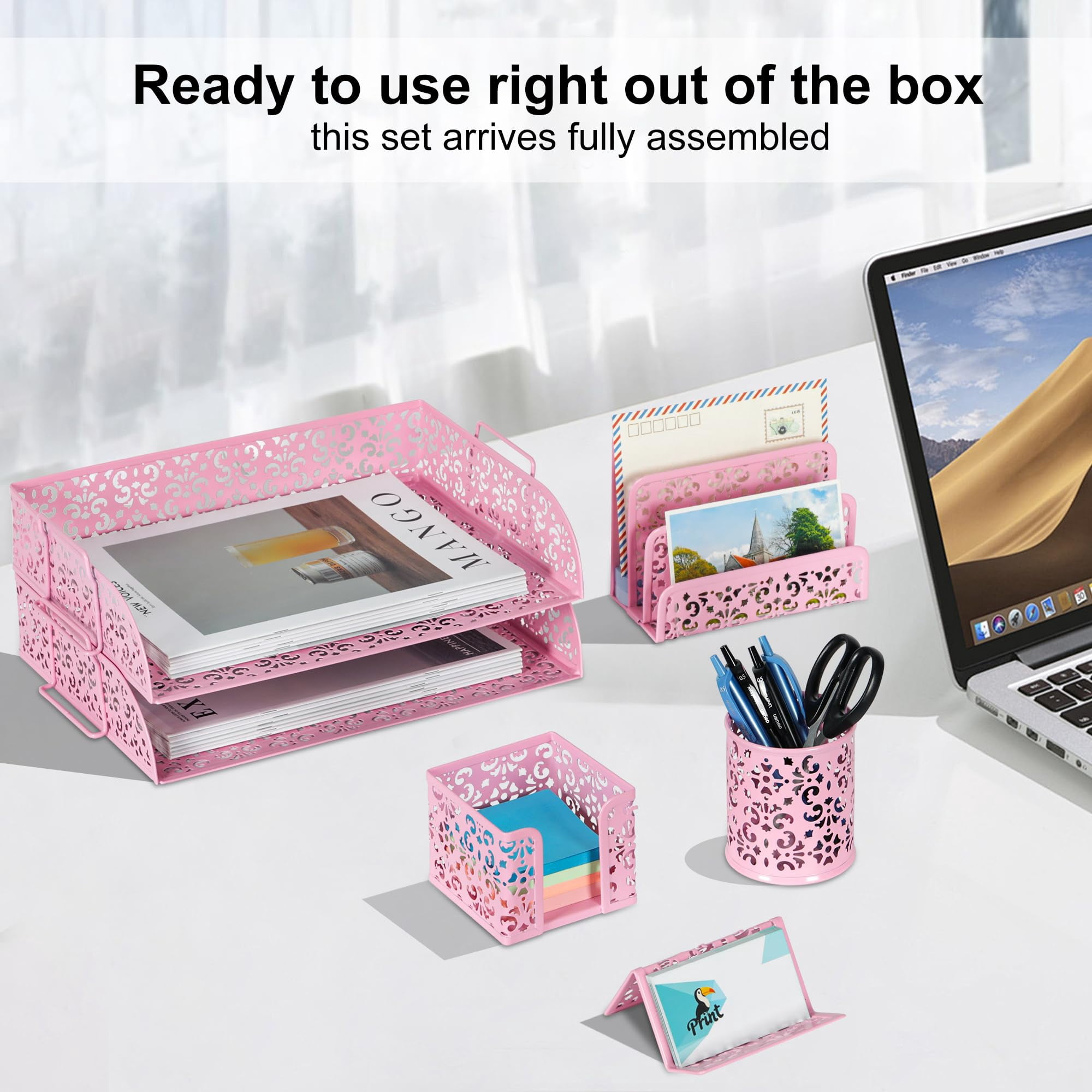 Desk Organizers And Accessories 5 Pieces Office Supplies Set - 2 Tier Paper Tray  Pencil Organizer For Mail Sorter Countertop Business Card Holder Sticky Note Pink