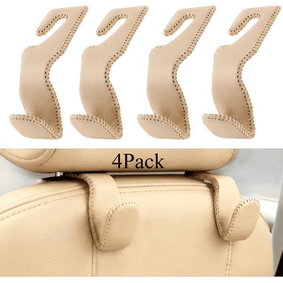 Car Headrest Hooks, 4 Pack Beige Leather Back Seat Hanger, Vehicle Storage Hooks for Purses Bags