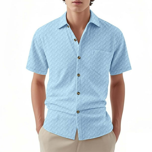 Blusa y camisa de manga corta con cuello vuelto para hombre, moda, botones, bolsillo, color liso, camisa de manga corta con cuello vuelto, abrigo de poliéster para hombre