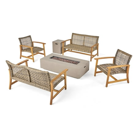 Danelle Outdoor 6 Piece Wood and Wicker Chat Set with Fire Pit Gray and Light Gray