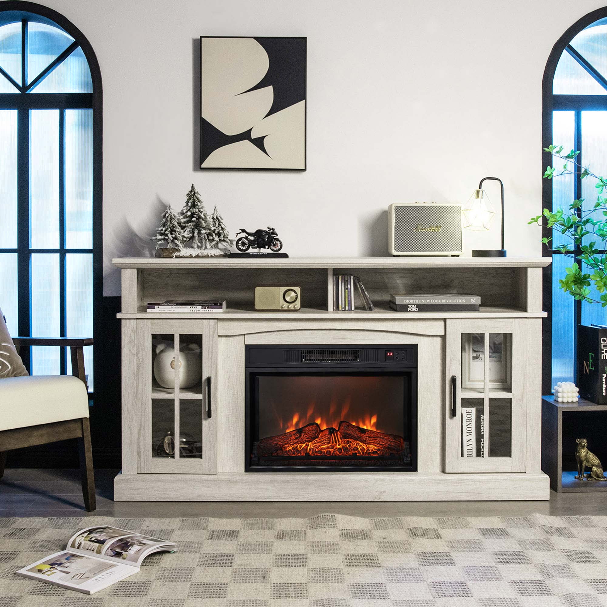 Costway 58" Fireplace TV Stand W/ 1400W Electric Fireplace for TVs up to 65 Inches Grey