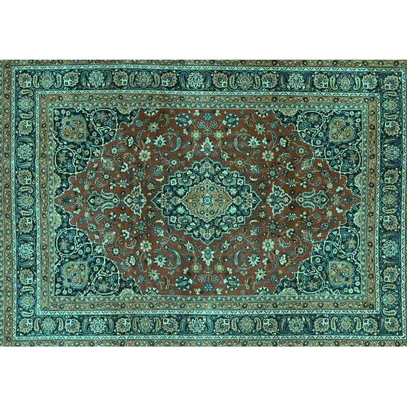 Ahgly Company Machine Washable Indoor Rectangle Medallion Turquoise Blue Traditional Area Rugs, 5' x 8'