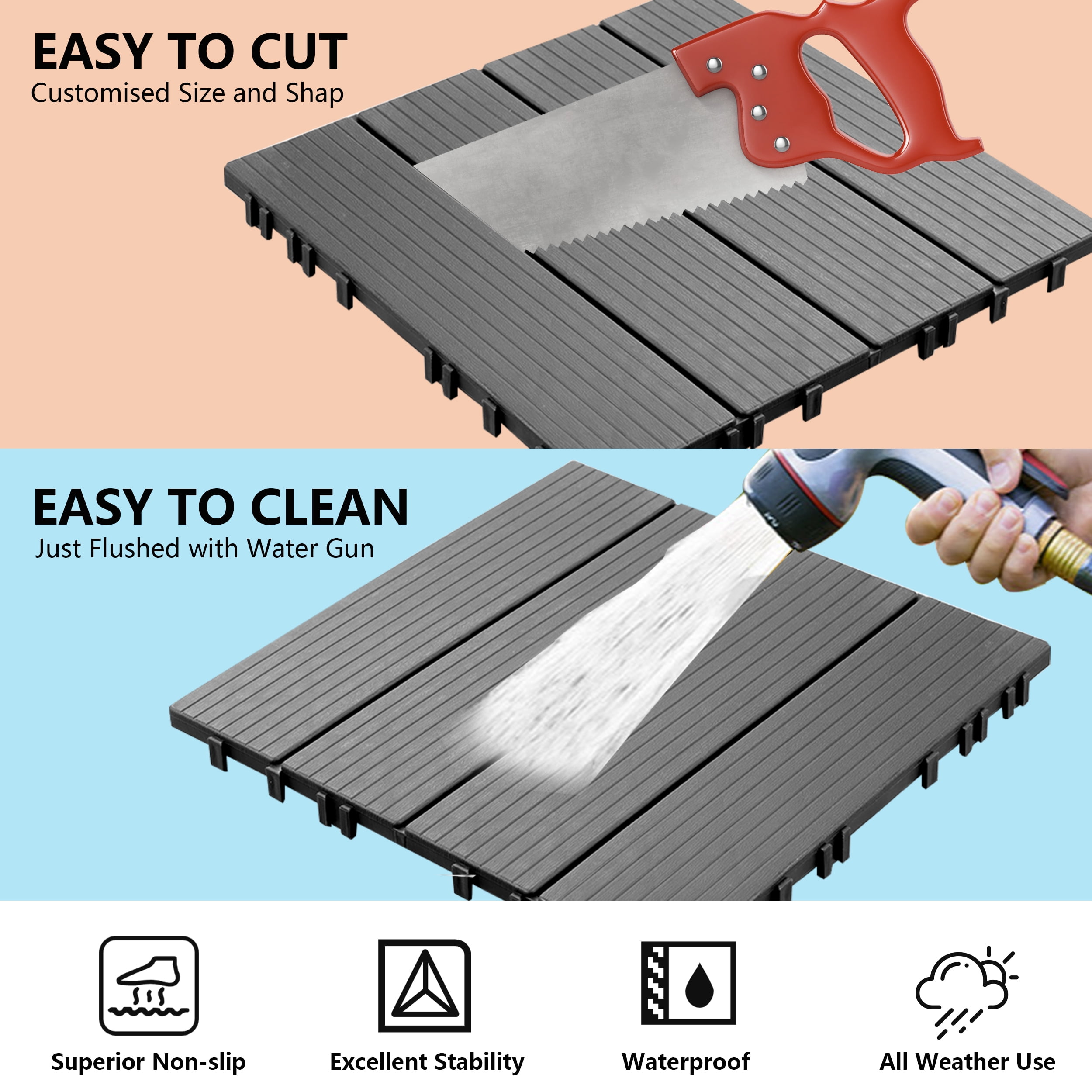 TrumanPick 36 PCS Deck Tiles Patio Pavers Interlocking Flooring Tiles 12"W x 12"L Waterproof Outdoor Flooring for Patio Garden Balcony Backyard All Weather Use, Dark Gray