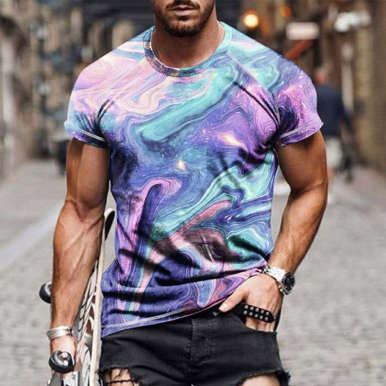 VSSSJ Mens 3D Digital Colorful Marble Printing Shirts Loose Fit Round Neck  Short Sleeve Pullover Tees Casual Quick Dry Walking Tops Purple XXL