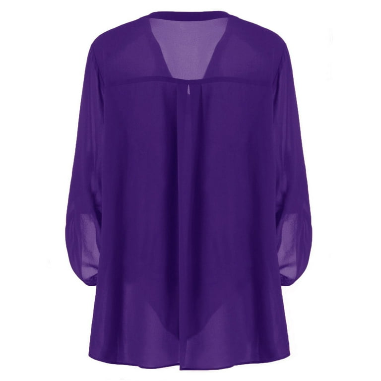 TANGNADE Fashion Womens Plus Size V-Neck Adjustable Sleeve Chiffon Solid Blouse  Top Shirt Purple + 3XL 