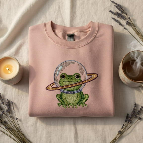 Frog Astronaut With Planet Ring Embroidered Sweatshirt, Cute Space Animal Lover Crewneck, Frog Meme Jumper, Space Gift