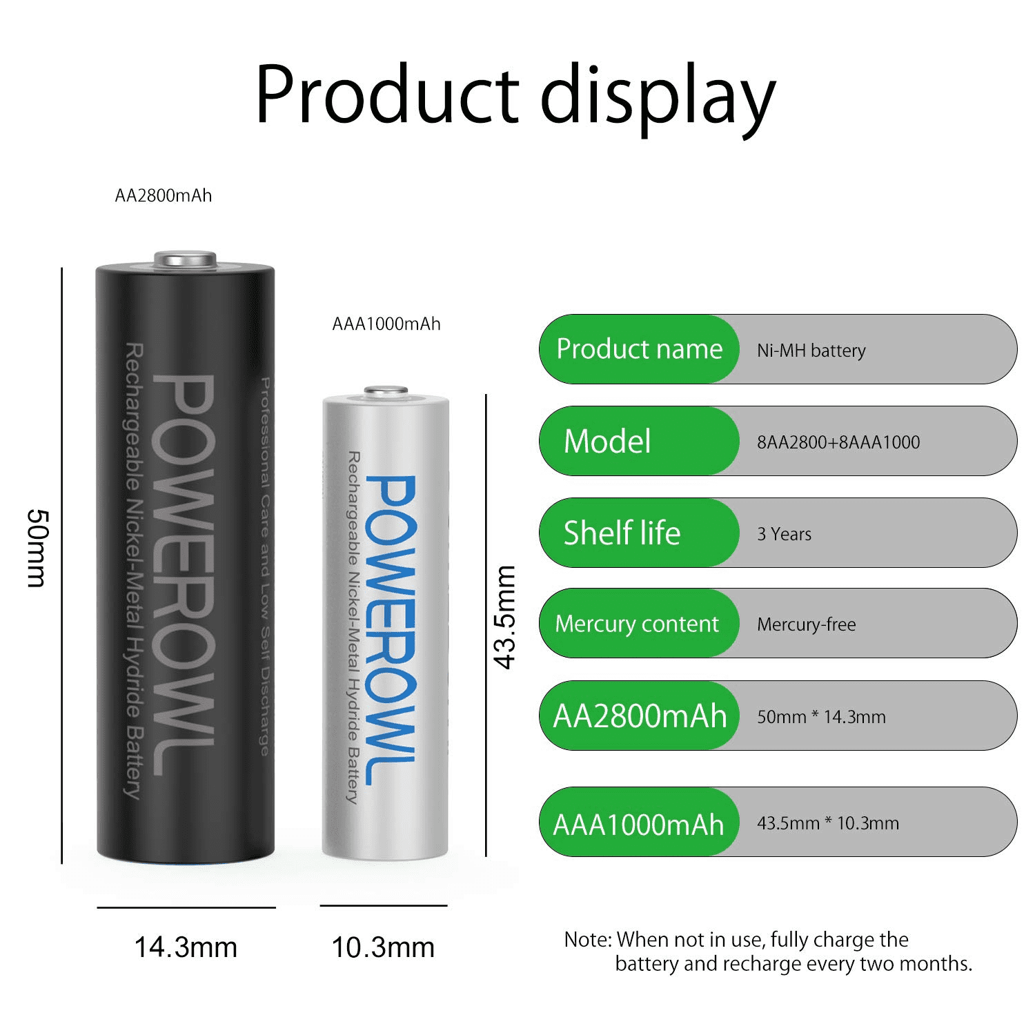 AA AAA Rechargeable Batteries POWEROWL, Pre-Charged High Capacity 2800mAh & 1000mAh 1.2V NiMH Battery Low Self Discharge, Pack of 16