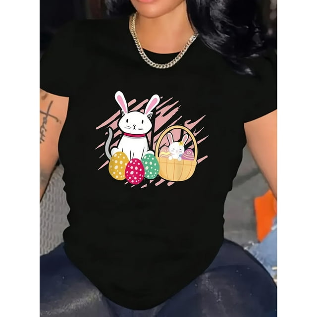 Women's Plus Size Easter T-Shirt - Soft, Breathable, Crew Neck with Bunny & Egg Basket Print, Casual Short Sleeve, Comfortable Fit, Machine Washable, Plus Size Tshirts Tee For Adult, Men, Women, Teen