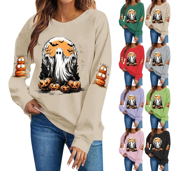 Jsaierl Halloween Sweatshirts Women Spooky Ghost Graphic Pullovers Fall Work Crewneck Long Sleeve Sweater Tops Halloween Party Supplies, Sizes S-2XL