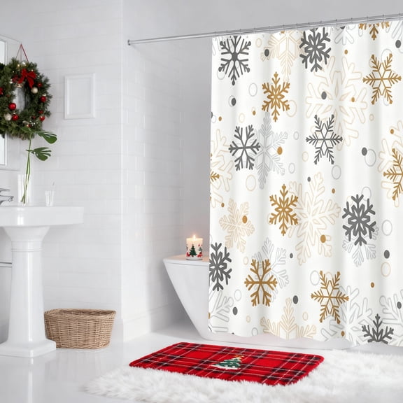 Lksixu Christmas Shower Curtain for Bathroom, 35"x71" Gray & Gold Snowflake Polyester Shower Curtain with Hooks, Waterproof Quick-Drying Winter Holiday Decorative Bathroom Curtain for Bathtub Spa