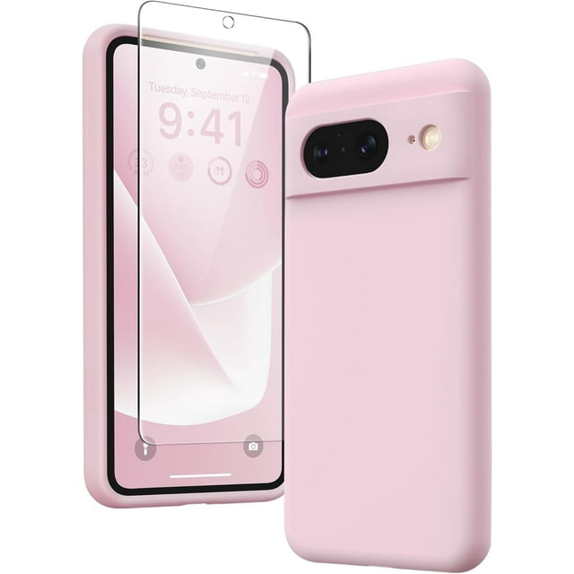 KOMI for Google Pixel 8 Case, Liquid Silicone Case with 2X Screen Protectors, Full Body Protective Cover, Shockproof, Slim Phone Case, Anti-Scratch Soft Microfiber Lining 6.2", Hot Pink