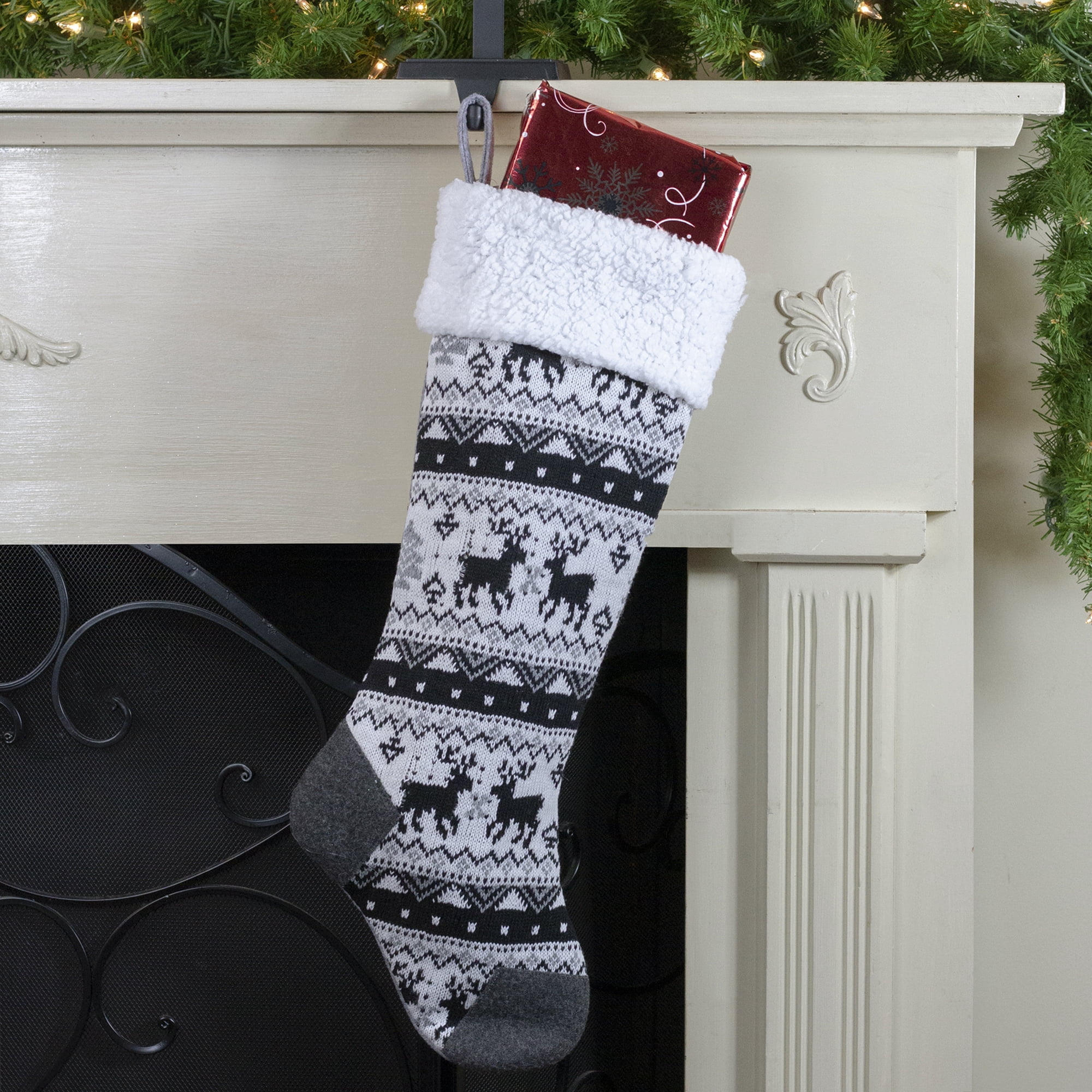 23.25" Black Gray and White Rustic Lodge Knit Christmas Stocking with Sherpa Cuff