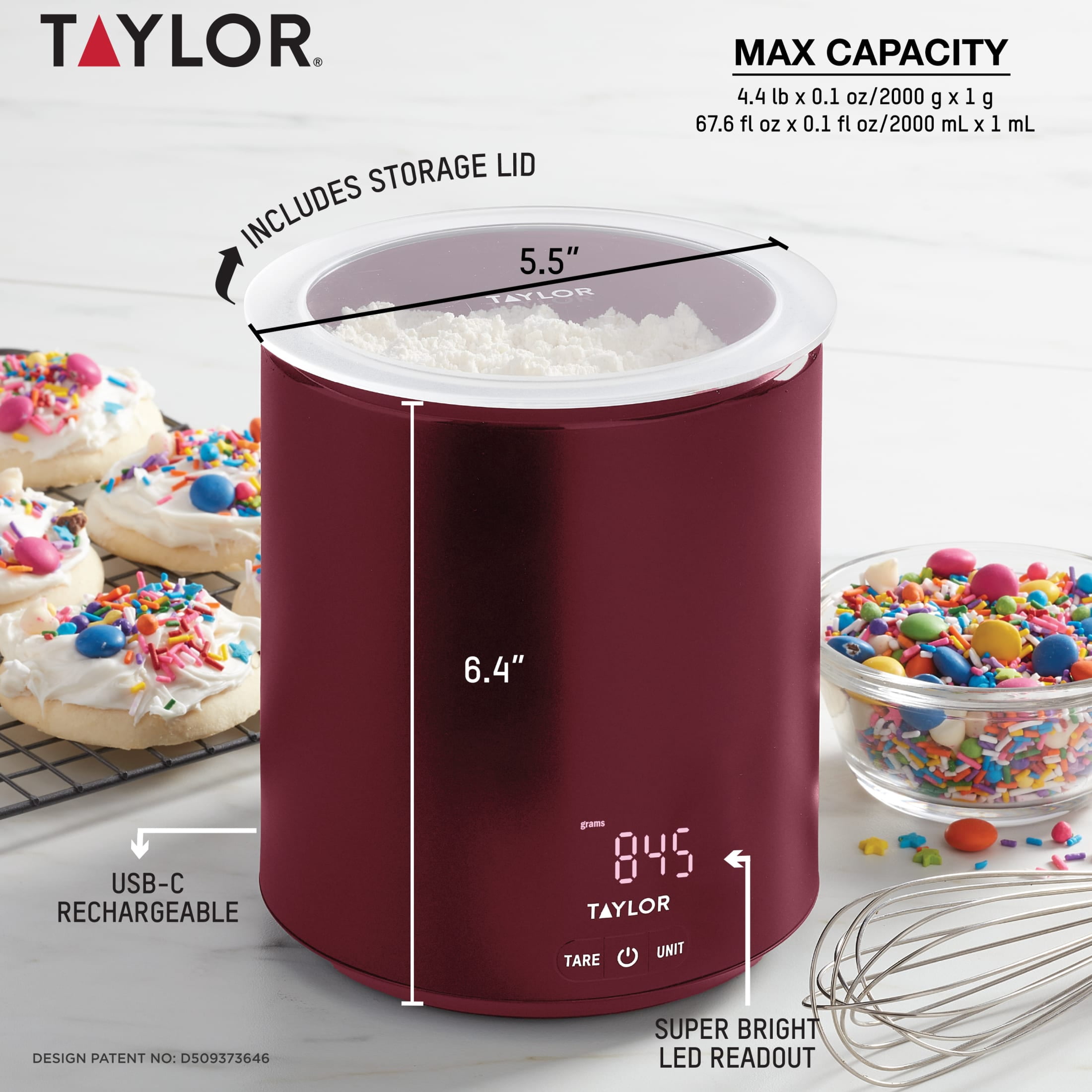 Taylor 4.4 lb USB-C Rechargeable Container Scale with Lid, Digital Food Scale for Recipes, Ruby